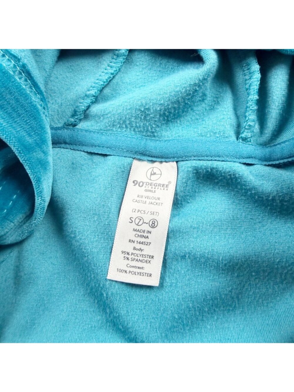90 Degree Girls Rib Velour Castle Jacket Hooded Full Zip Blue Teal S 7-8 - Picture 2 of 3